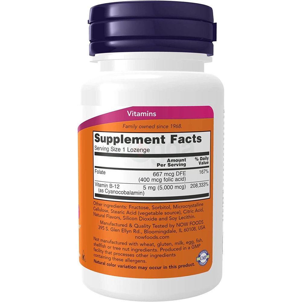 NOW Supplements, Vitamin B-12 5,000 mcg, With Folic Acid, Nervous System Health*, 60 Lozenges  