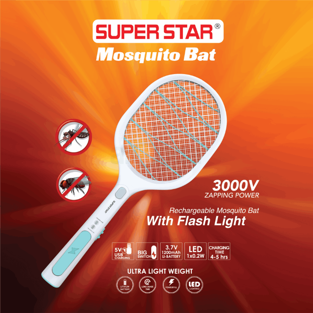 Super Star Rechargeable Mosquito Bat With Flash Light  