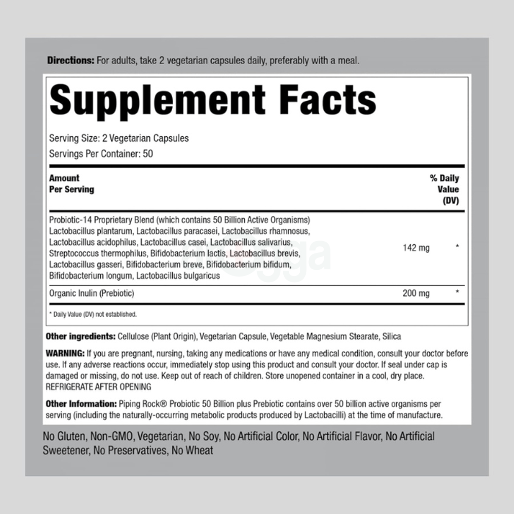 Piping Rock Probiotics with Prebiotics | 100 Vegetarian Capsules | 14 Strains 50 Billion Organisms | Non-GMO, Gluten Free Supplement  