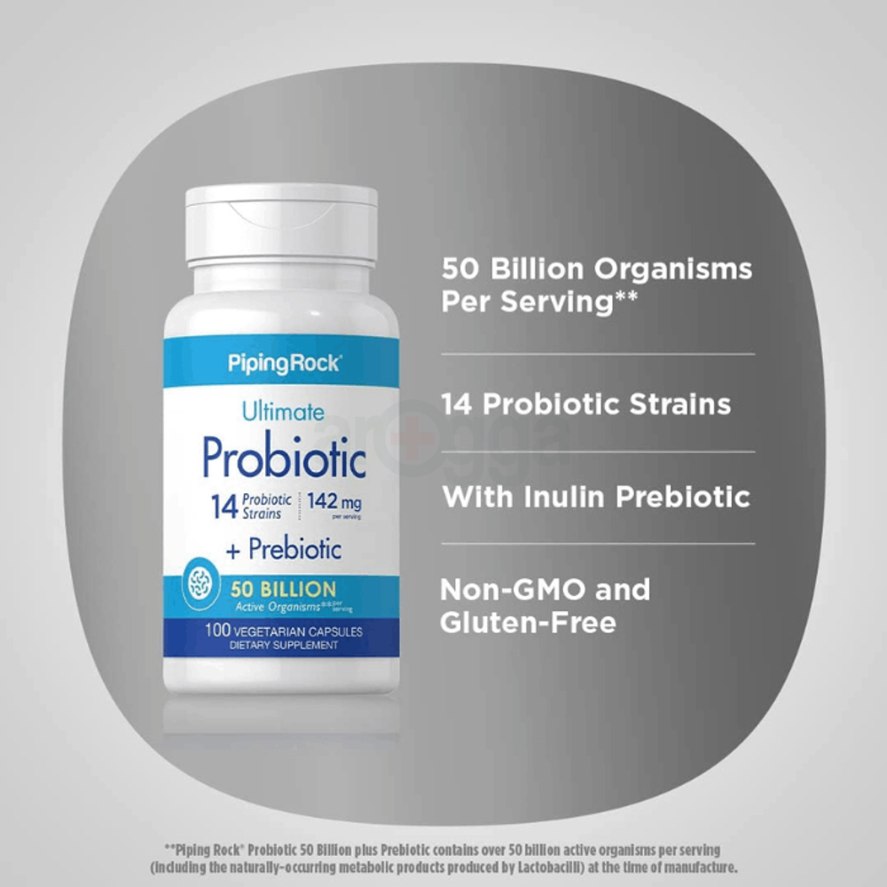 Piping Rock Probiotics with Prebiotics | 100 Vegetarian Capsules | 14 Strains 50 Billion Organisms | Non-GMO, Gluten Free Supplement  