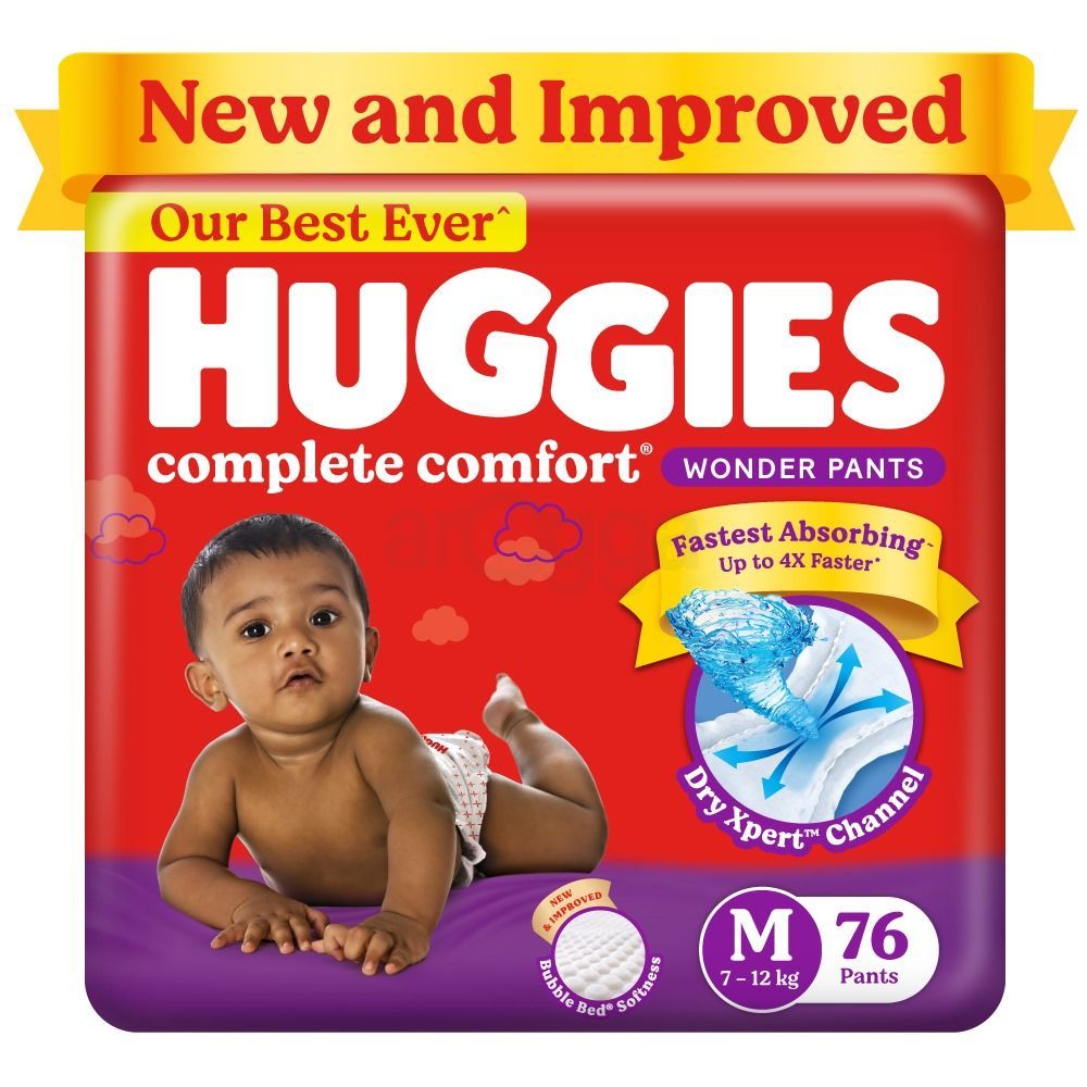 Huggies Wonder Pants Baby Diapers - M 76s (7-12kg) with Bubble Bed  