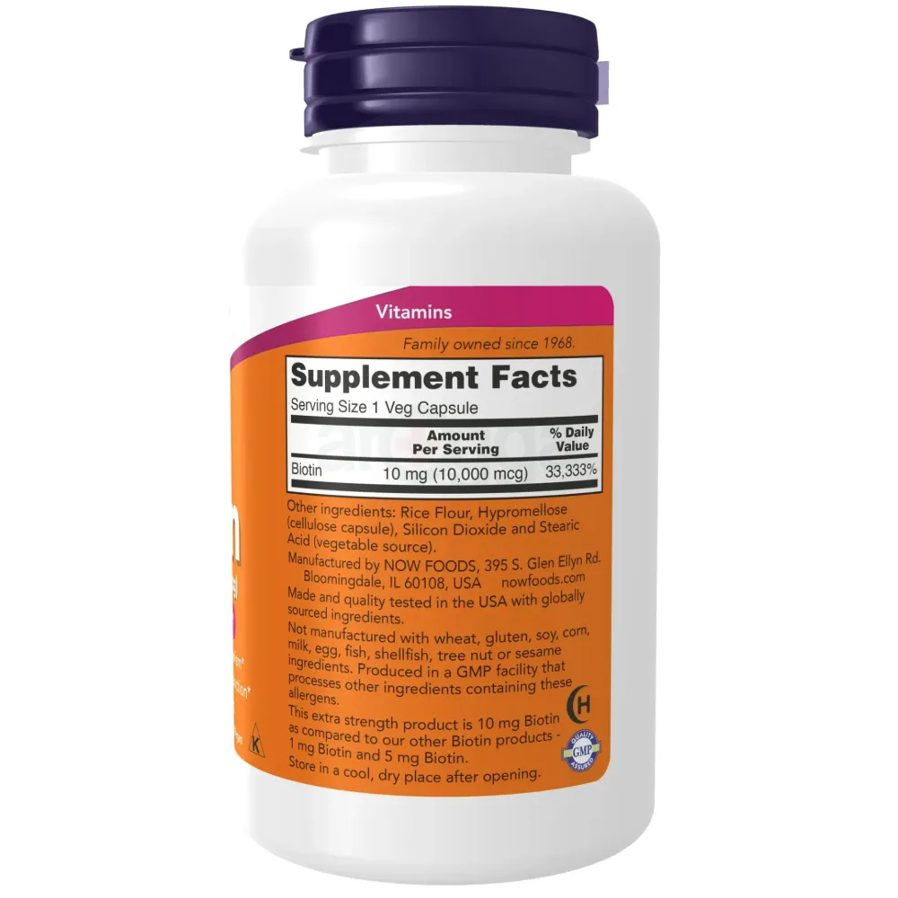 NOW Supplements, Biotin 10mg (10,000 mcg), Extra Strength, Energy Production*, 120 Caps  