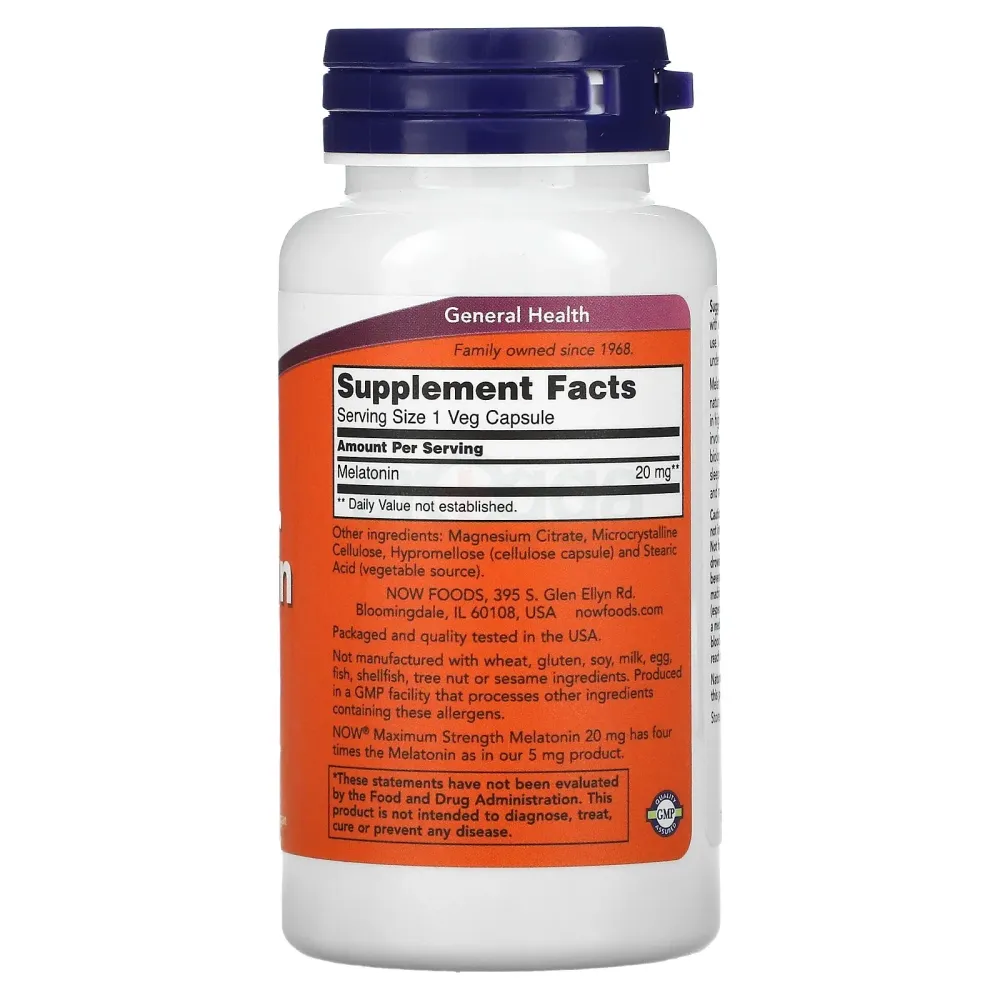 NOW Foods Maximum Strength Melatonin, 20 mg, 90 Veg Capsules  