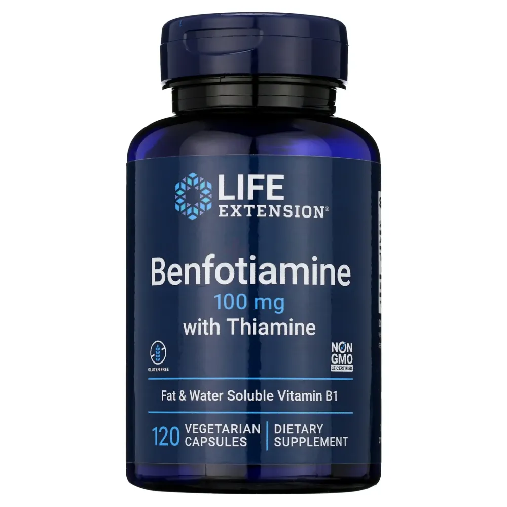 Life Extension Benfotiamine with Thiamine, 100 mg - Fat & Water Soluble Vitamin B1 - Gluten-Free, Non-GMO, 120 Vegetarian Capsules  