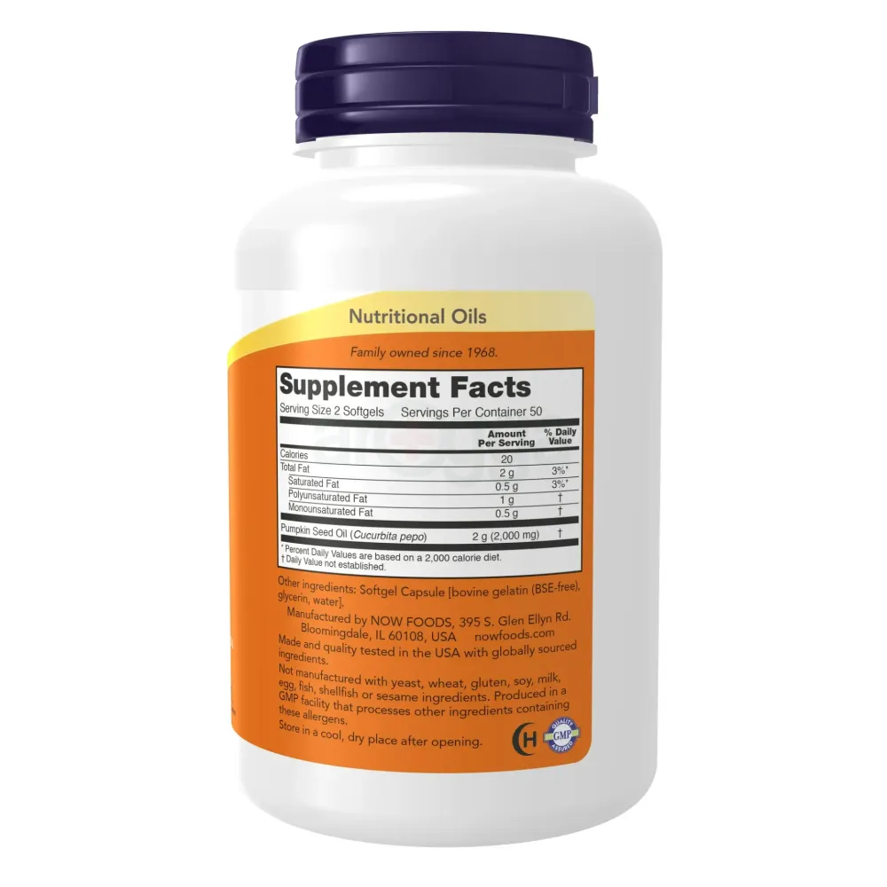 NOW Supplements, Pumpkin Seed Oil 1000 mg with Essential Fatty Acids and Phytosterols, Cold Pressed, 100 Softgels  