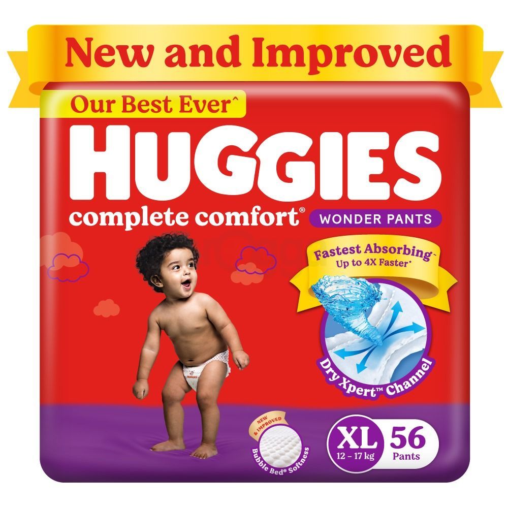 Huggies Wonder Pants Baby Diapers- Extra Large XL 56s (12-17kg) with Bubble Bed  