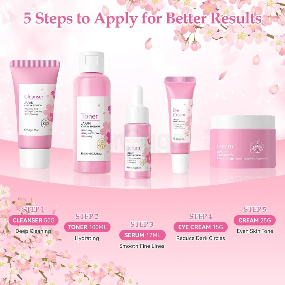 Fenyi Japan Cherry Blossom Skincare Set- Spring Awakening (Cleanser, Toner, Serum, Eye Cream, Facial Cream)  