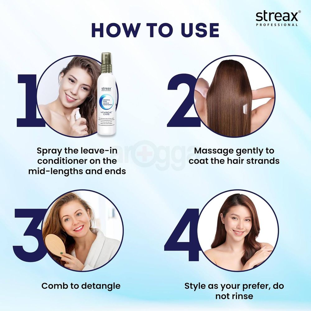 Streax Professional Vitariche Care Smooth and Shine Leave in Conditioner for Normal to Dry and Frizzy Hair  