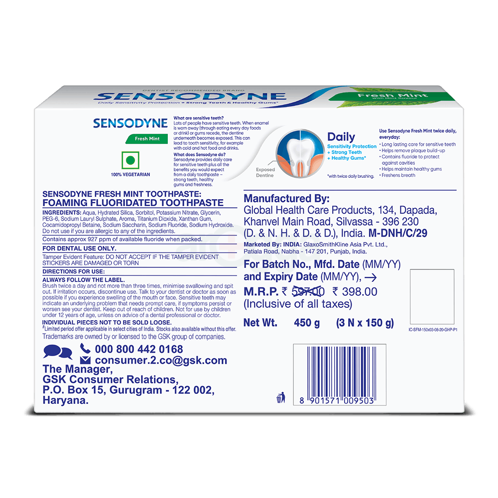 Sensodyne Fresh Mint Toothpaste (Buy 2 Get 1 Free) 150gm  