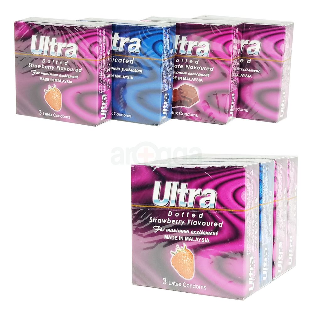 Ultra Dotted Latex Condoms Combo - Dotted, Chocolate, Lubricated, Strawberry (Malaysia) - 4 x 3Pcs Pack  