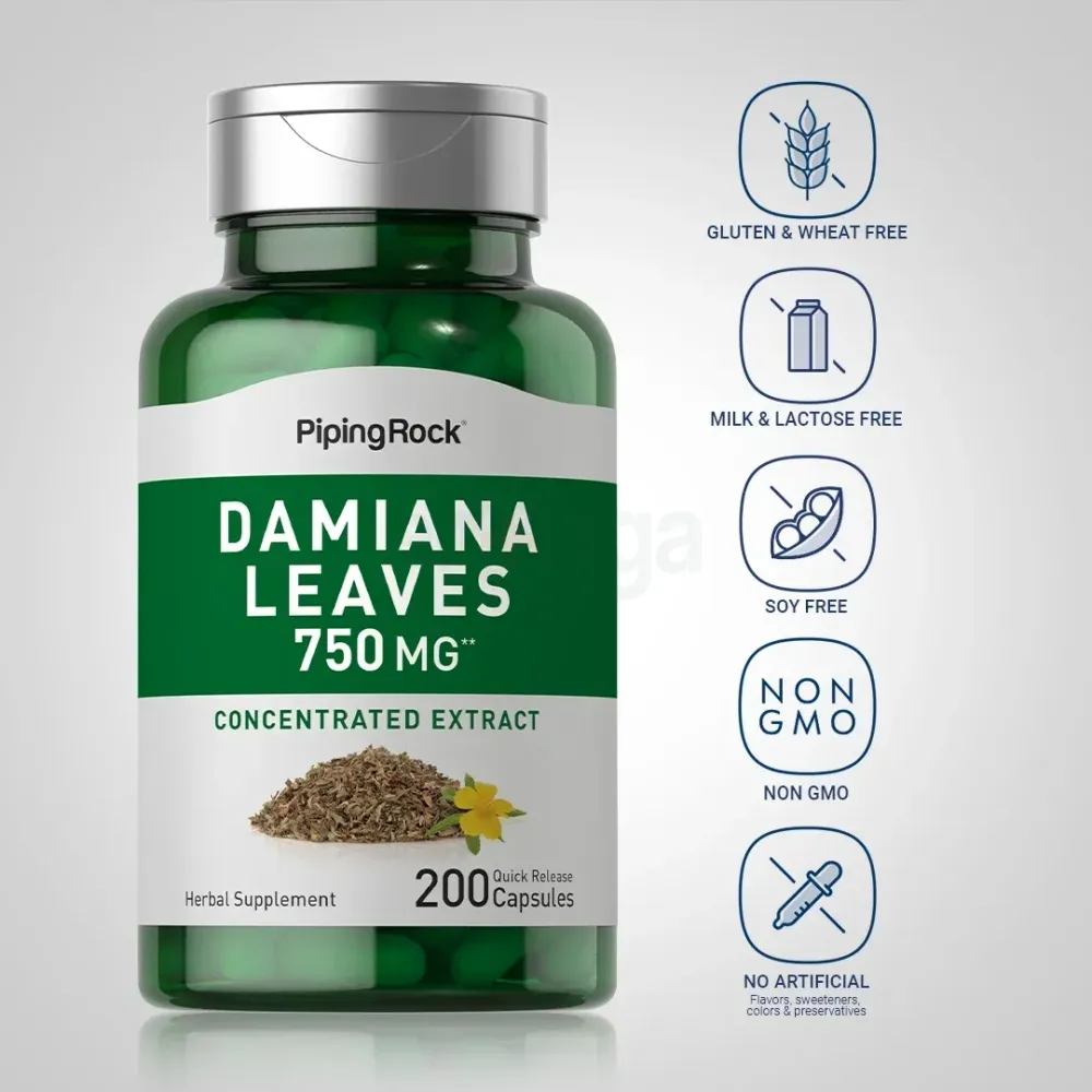 Piping Rock Damiana Leaves 750 mg | 200 Quick Release Capsules | Non-GMO, Gluten Free   