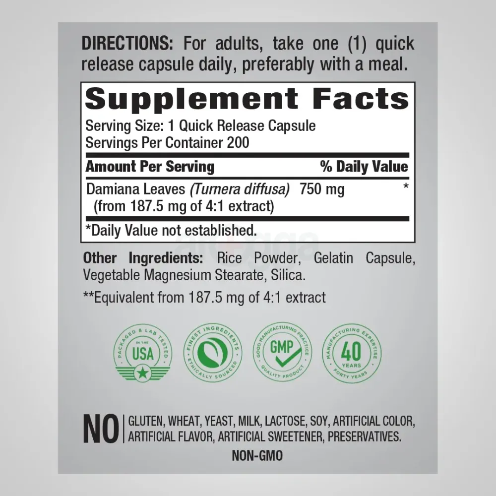 Piping Rock Damiana Leaves 750 mg | 200 Quick Release Capsules | Non-GMO, Gluten Free   