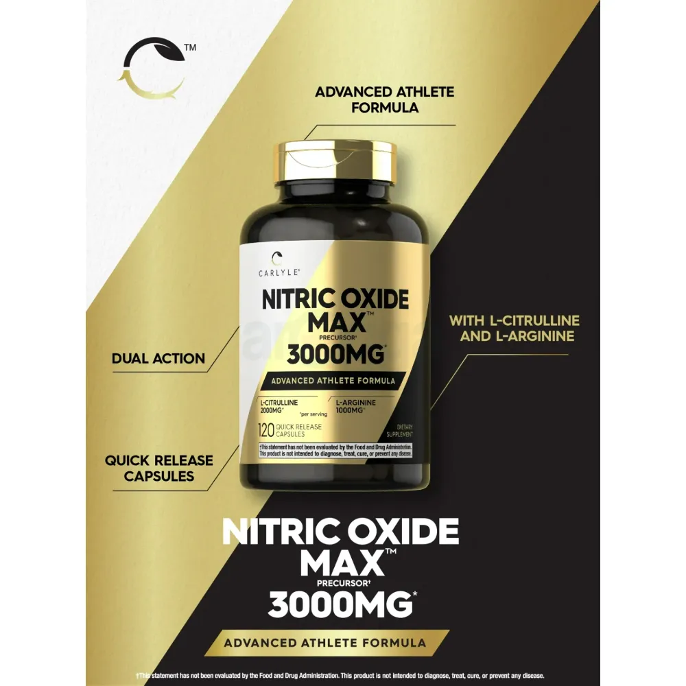 Carlyle Nitric Oxide Supplement 3000mg | 120 Capsules | Non-GMO, Gluten Free   