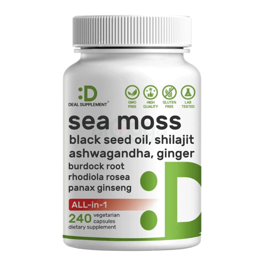 DEAL SUPPLEMENT Irish Sea Moss 7000mg Per Serving, 240 Veggie Capsules – 14 Superfood Complex – 3000mg Black Seed Oil, 2000mg Ashwagandha, 600mg Ginger  