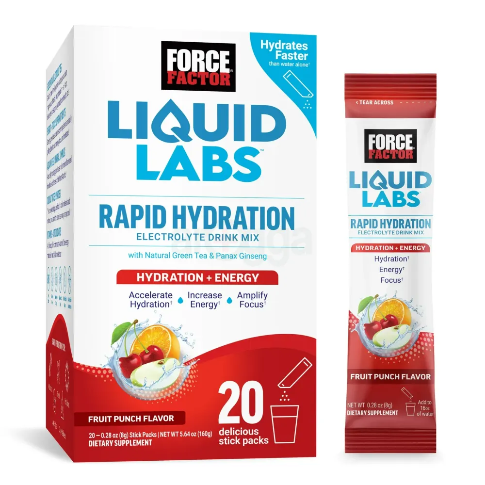 Force Factor Liquid Labs Energy, Electrolytes Powder, Hydration Packets, Fruit Punch Flavor, 20 Stick Packs  