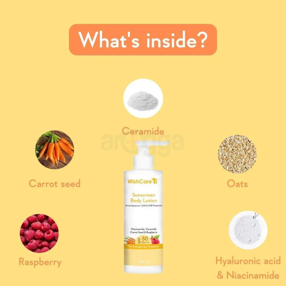WishCare Sunscreen Body Lotion SPF 50 PA+++ with Niacinamide, Ceramide Carrot Seed and Raspberry  
