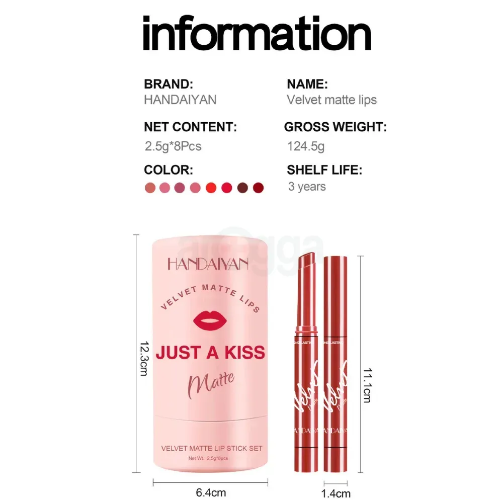 Handaiyan Just A Kiss- 8 pcs Velvet Matte Lipstick Set   