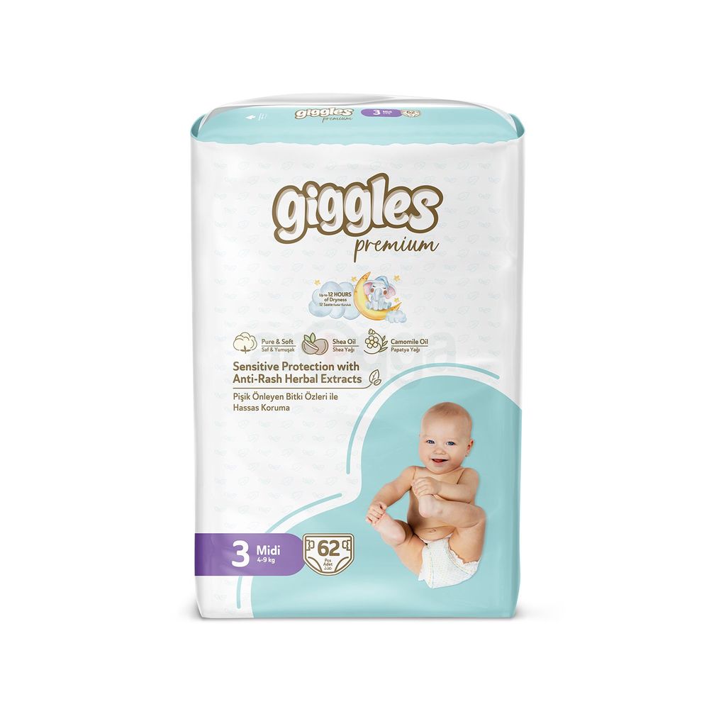 Giggles Premium Jumbo Pack 4-9Kg Belt Style Midi Diapers 62Pcs with Teether Free  