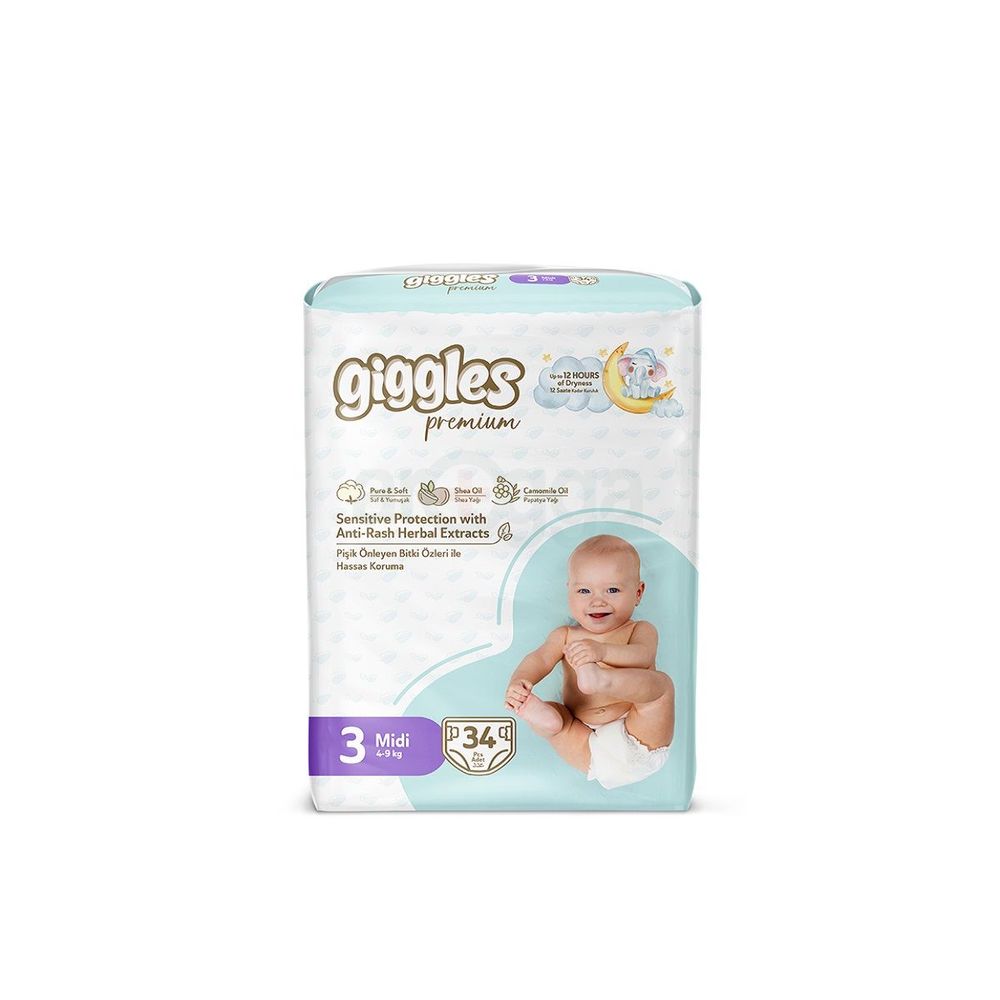 Giggles Premium Twin Pack 4-9Kg Belt Style Midi Diapers 34Pcs  