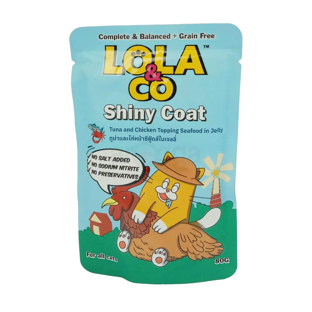 Lola & Co SHINY COAT Pouch Tuna & Chicken Topping Sea food in Jelly for Al lCats 80gm  