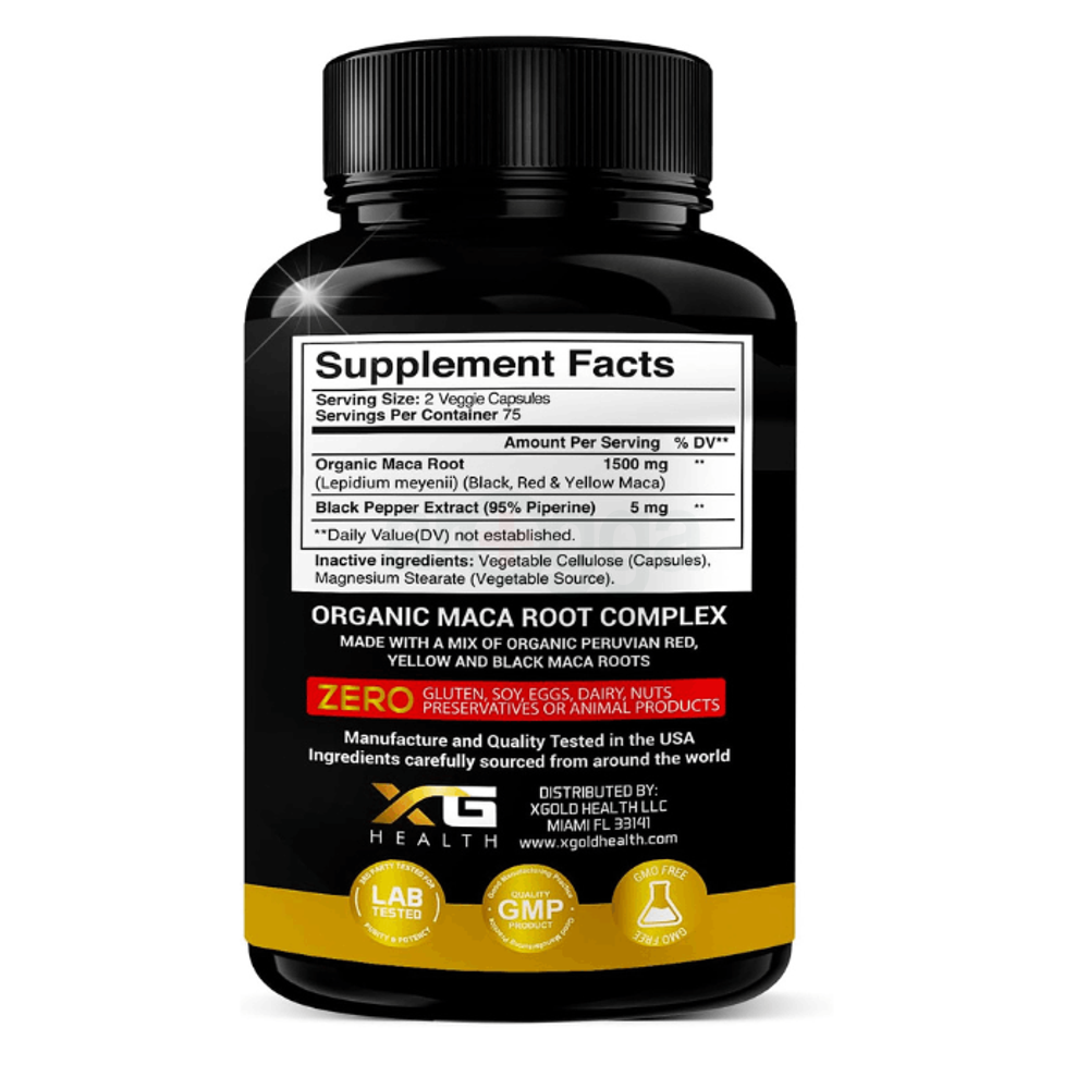 X Gold Health Organic Maca Root Powder Capsules 1500mg with Black | Red & Yellow Peruvian Maca Root 150 Caps  