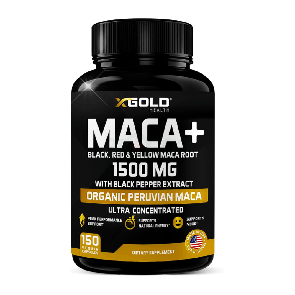 X Gold Health Organic Maca Root Powder Capsules 1500mg with Black | Red & Yellow Peruvian Maca Root 150 Caps  