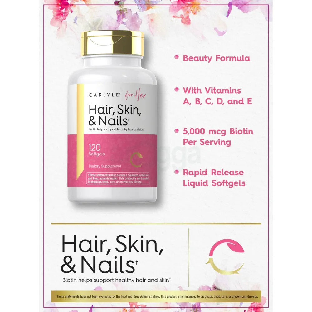 Carlyle Hair Skin and Nails Vitamin 120 Softgels Beauty Formula Supplement with Biotin and Collagen   