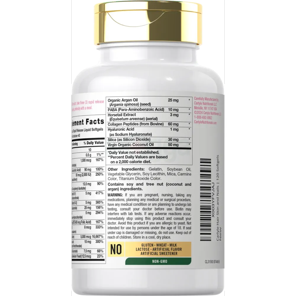 Carlyle Hair Skin and Nails Vitamin 120 Softgels Beauty Formula Supplement with Biotin and Collagen   