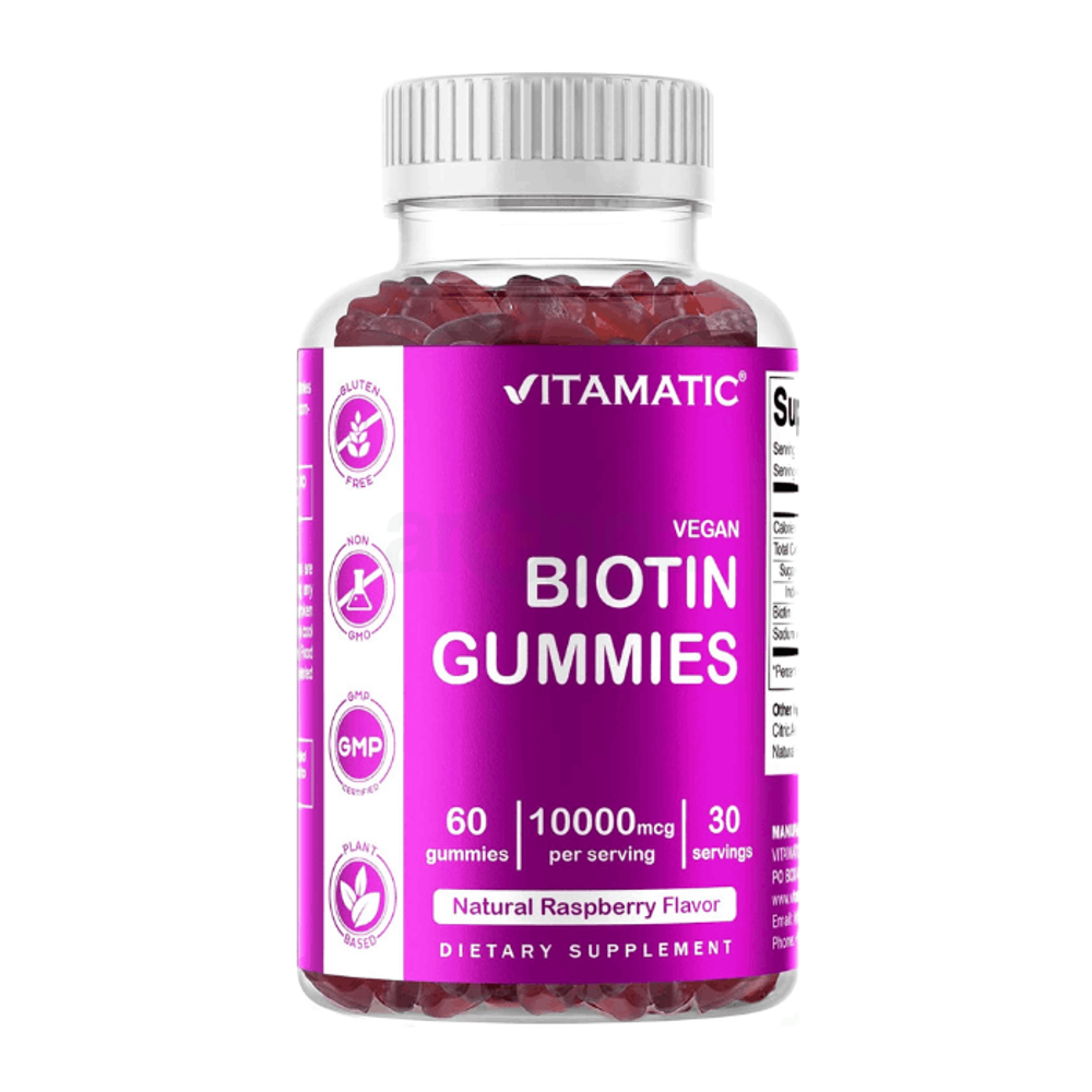 Vitamatic Biotin Gummies 10,000 mcg for Stronger Hair, Skin & Nails - 60 Vegan Gummies - Also Called Vitamin B7  