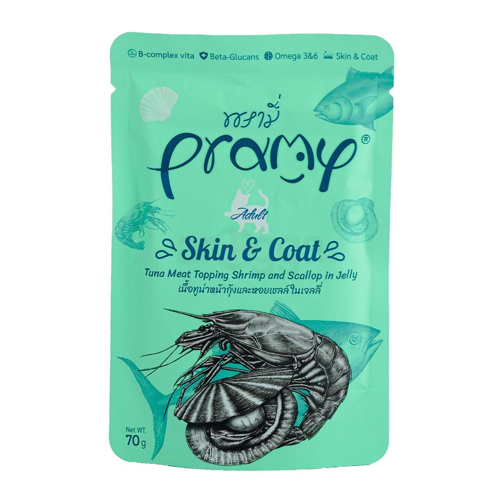 Pramy SKIN & COAT Pouch Tuna Meat Topping Shrimp & Scallop in Jelly for Adult 70gm  