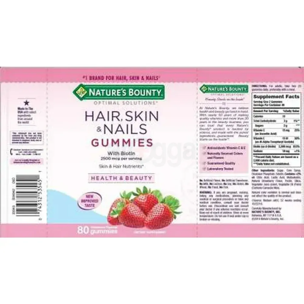 Nature's Bounty Optimal Solutions Hair, Skin and Nails Gummies with Biotin, Strawberry Flavored 80 Gummies  