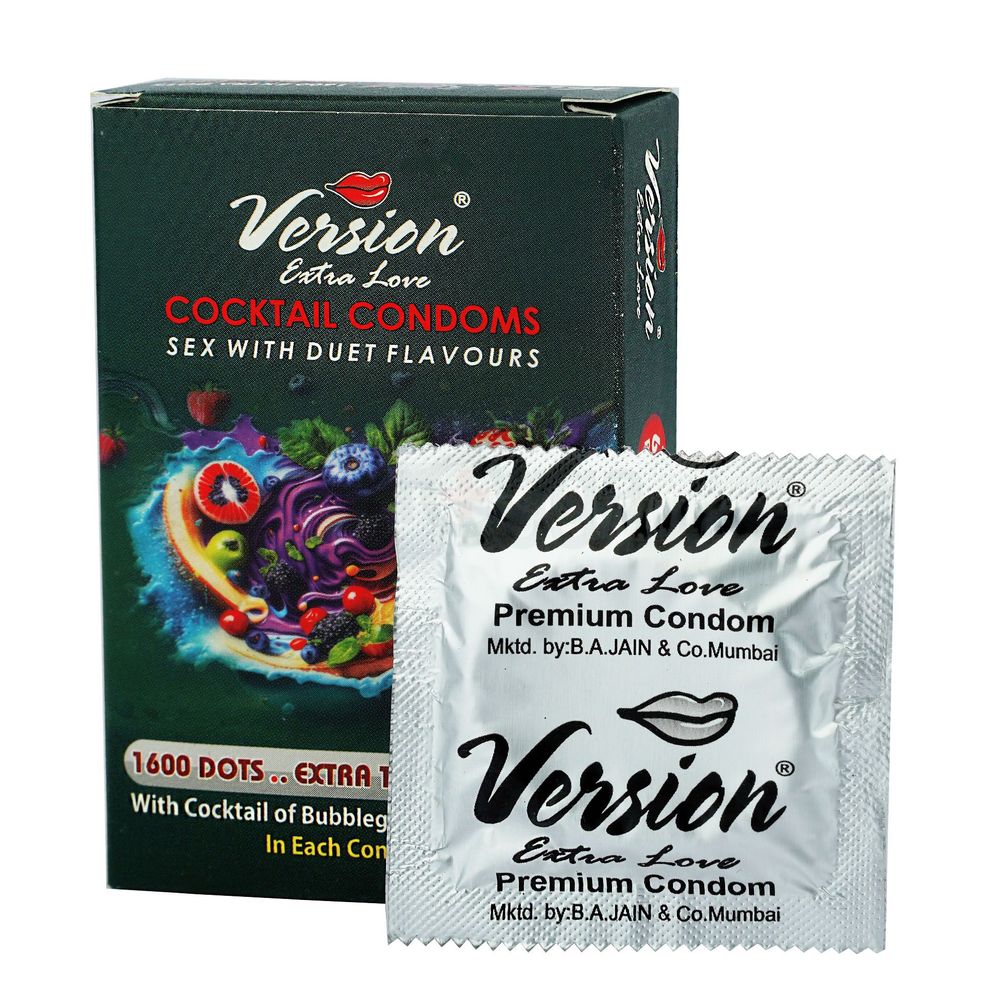 Version Extra Love Cocktail 1600 Dots Extra Time ( Bubblegum & Mint Flavoured ) Condom - 6Pcs Pack  