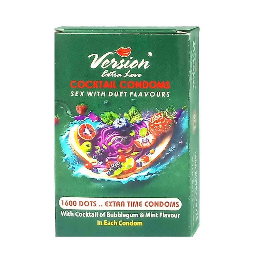 Version Extra Love Cocktail 1600 Dots Extra Time ( Bubblegum & Mint Flavoured ) Condom - 6Pcs Pack  