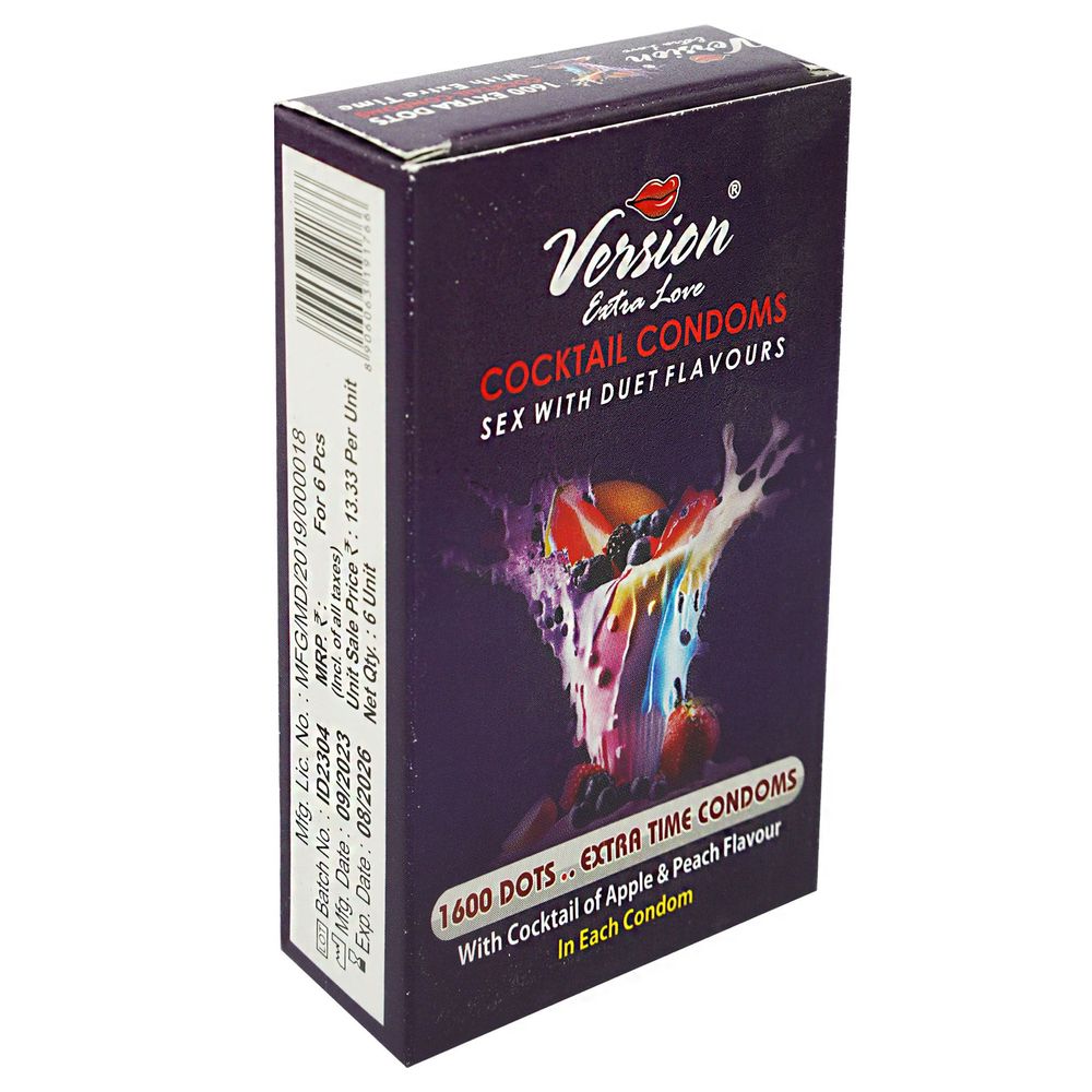 Version Extra Love Cocktail 1600 Dots Extra Time (Apple & Peach Flavoured ) Condom - 6Pcs Pack  