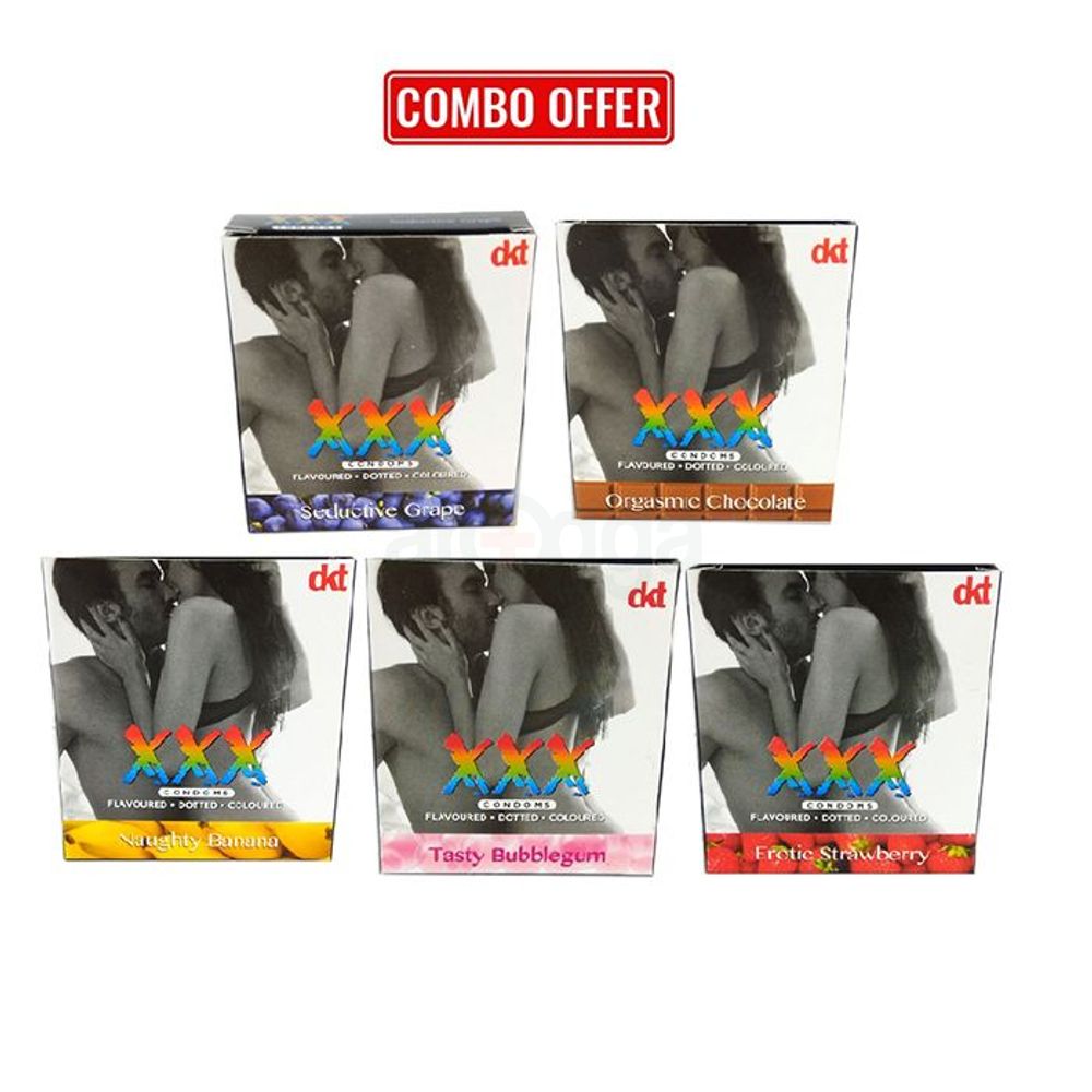 XXX Condom (Combo Pack) Banana, Chocolate, Bubblegum , Strawberry, Grapes Flavored Extra Dotted Condom - 3x5 = 15pcs Pack  