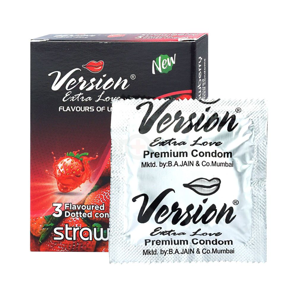 Version Extra Love Dotted Strawberry Flavoured Condom - 3Pcs Pack  