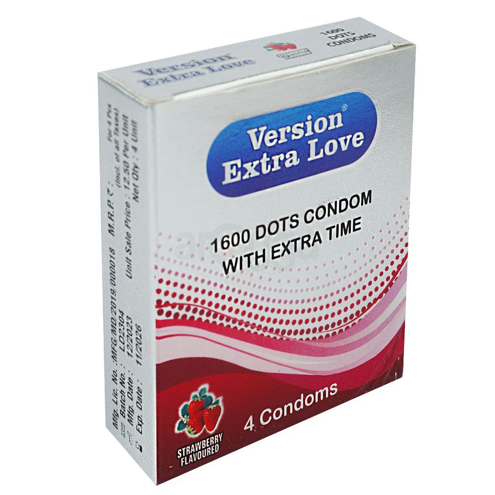 Version Extra Love 1600 Dots Extra Time Condom (Strawberry ) - 4Pcs Pack  