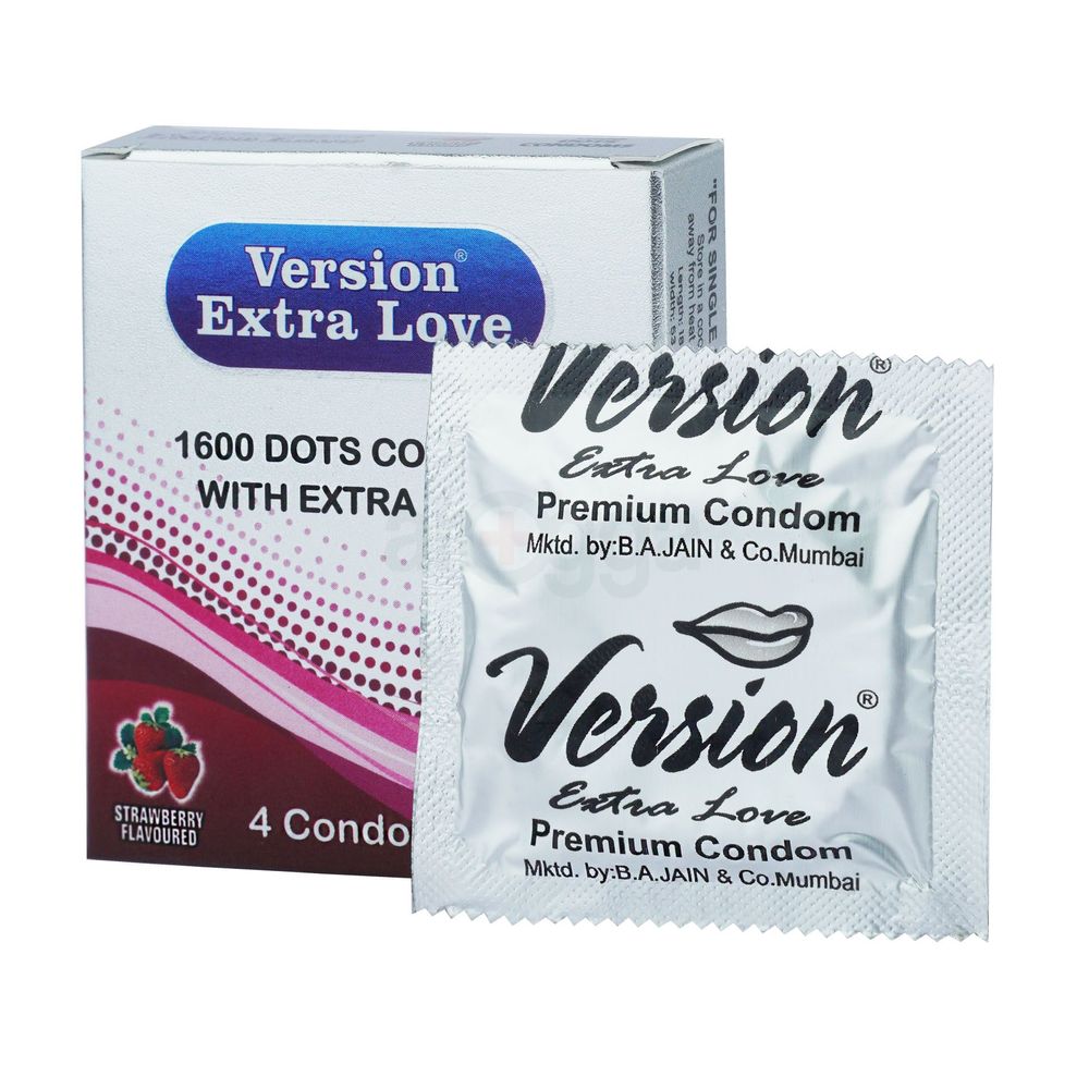 Version Extra Love 1600 Dots Extra Time Condom (Strawberry ) - 4Pcs Pack  