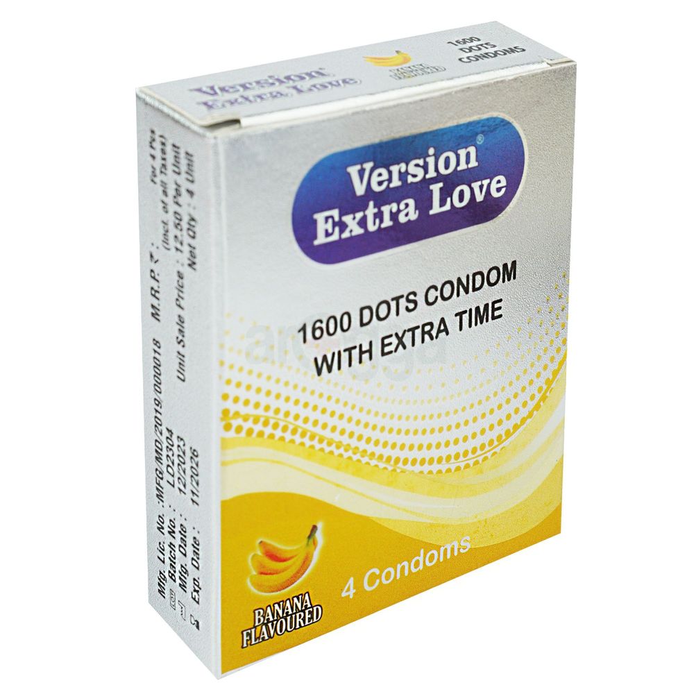 Version Extra Love 1600 Dots Extra Time Condom ( Banana )- 4Pcs Pack  