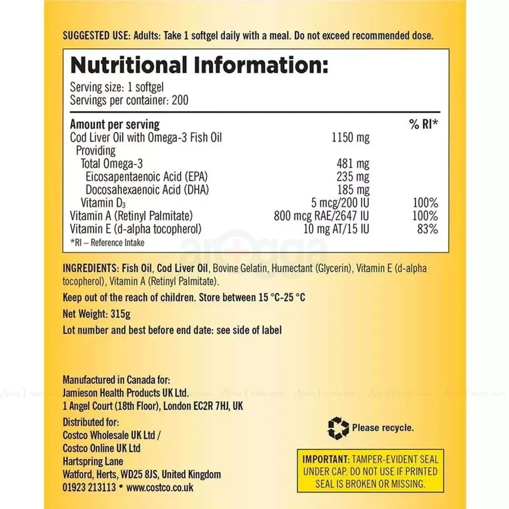 Kirkland Signature Cod Liver Oil 200 Softgels  