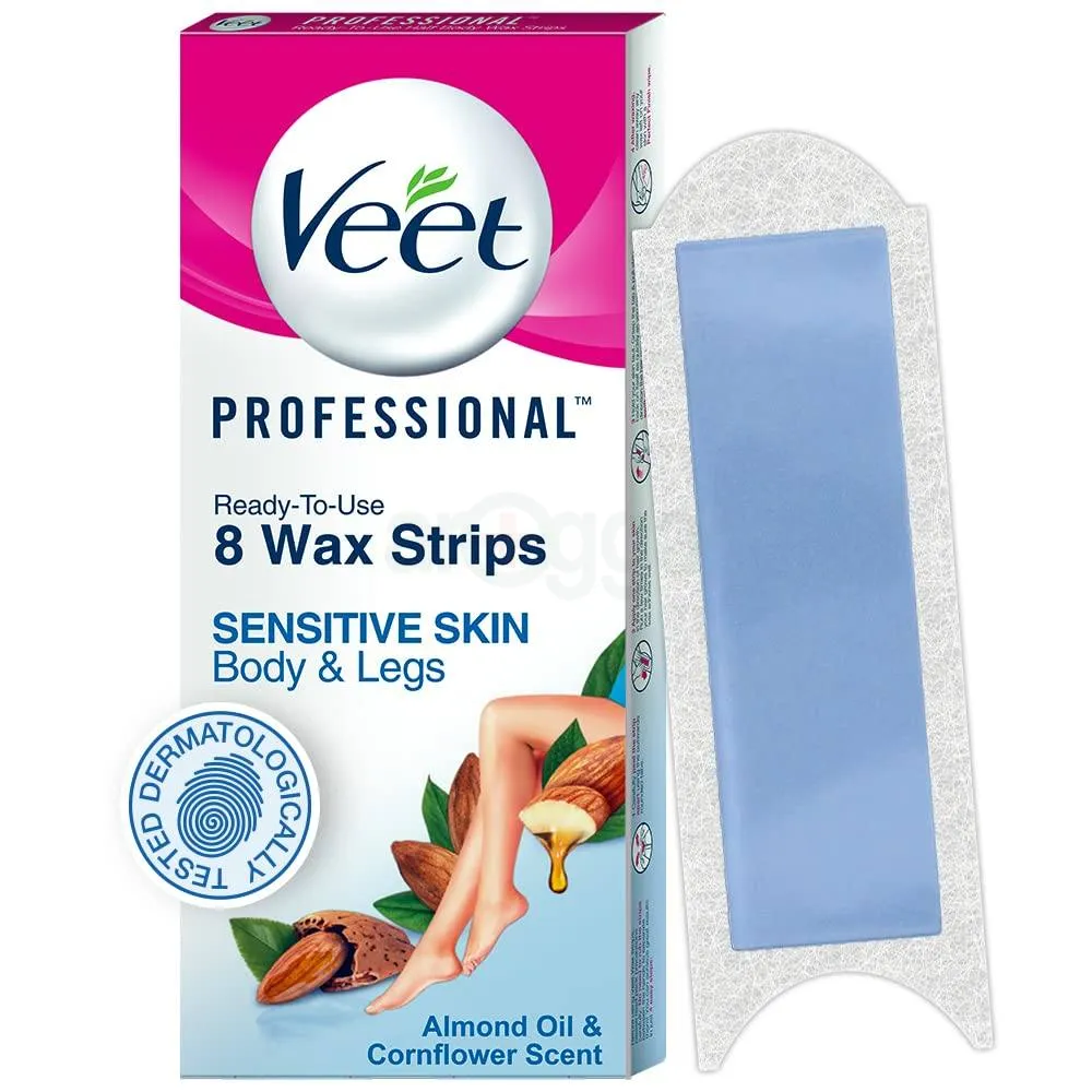 Veet Professional 8pcs Wax Strips with Almond Oil & Cornflower Scent for Sensitive Skin - 8 Strips  