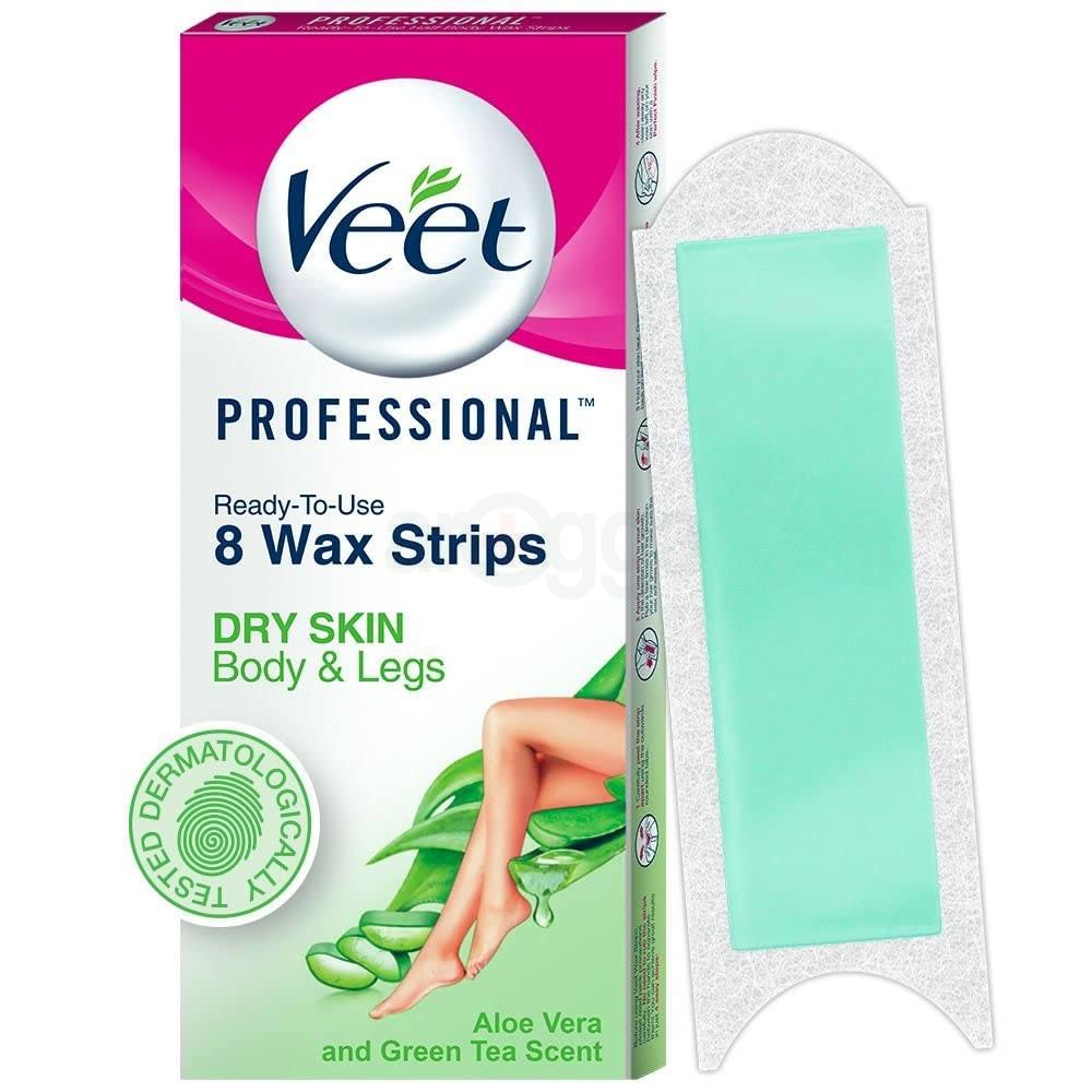 Veet Professional 8pcs Wax Strips with Aloe Vera & Green Tea Scent for Dry Skin - 8 Strips  