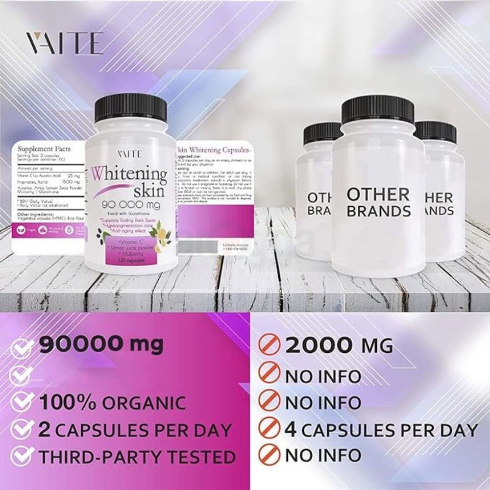 Vaite Glutathione Whitening Pills - Dark Spots & Acne Scar Remover - 90000mg  