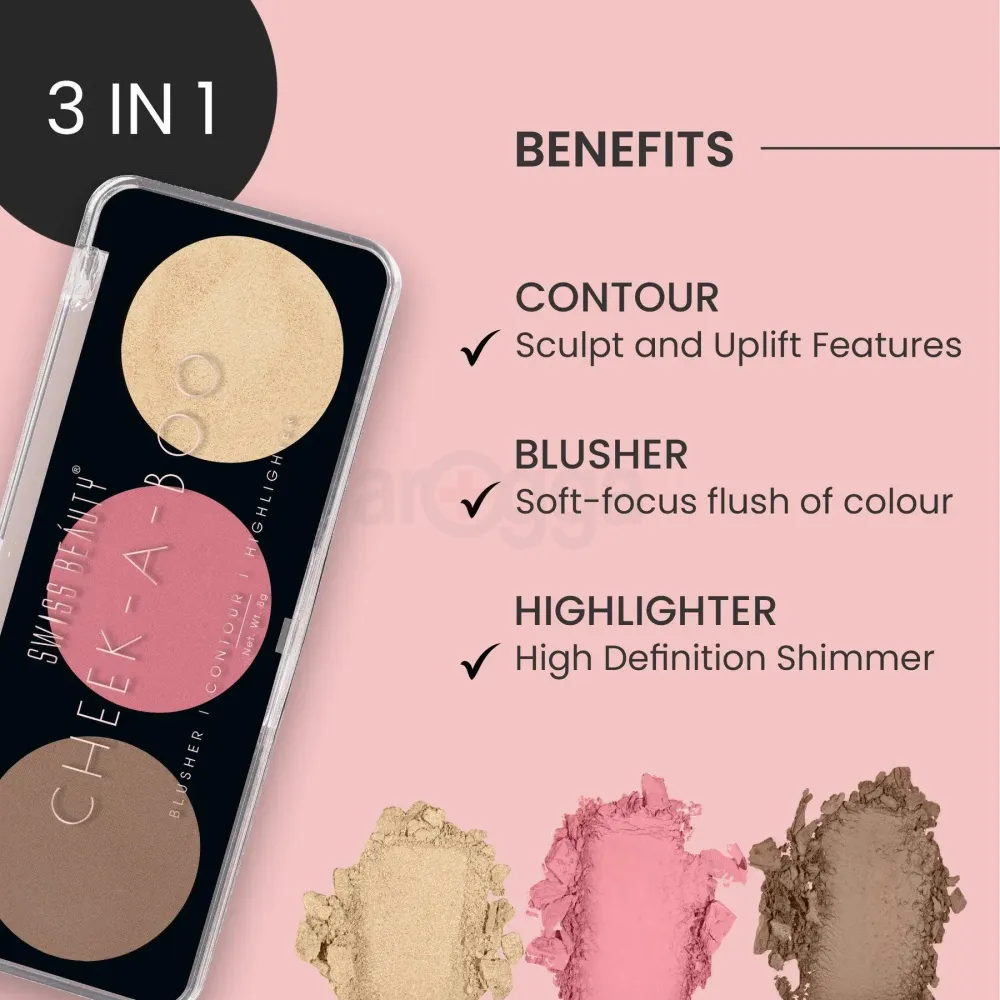 Swiss Beauty Cheek A Boo 3 in 1 Palette Set (Contour, Blusher, Highlighter) - Face It Up Medium 02  