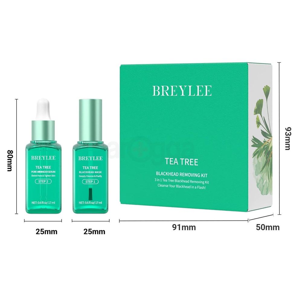 BREYLEE 3 in 1 Tea Tree Blackhead Removing Kit (Blackhead Remover Mask 17ml, Pore Minimizer Serum 17ml and Removal Strip Paper 100Pcs)  