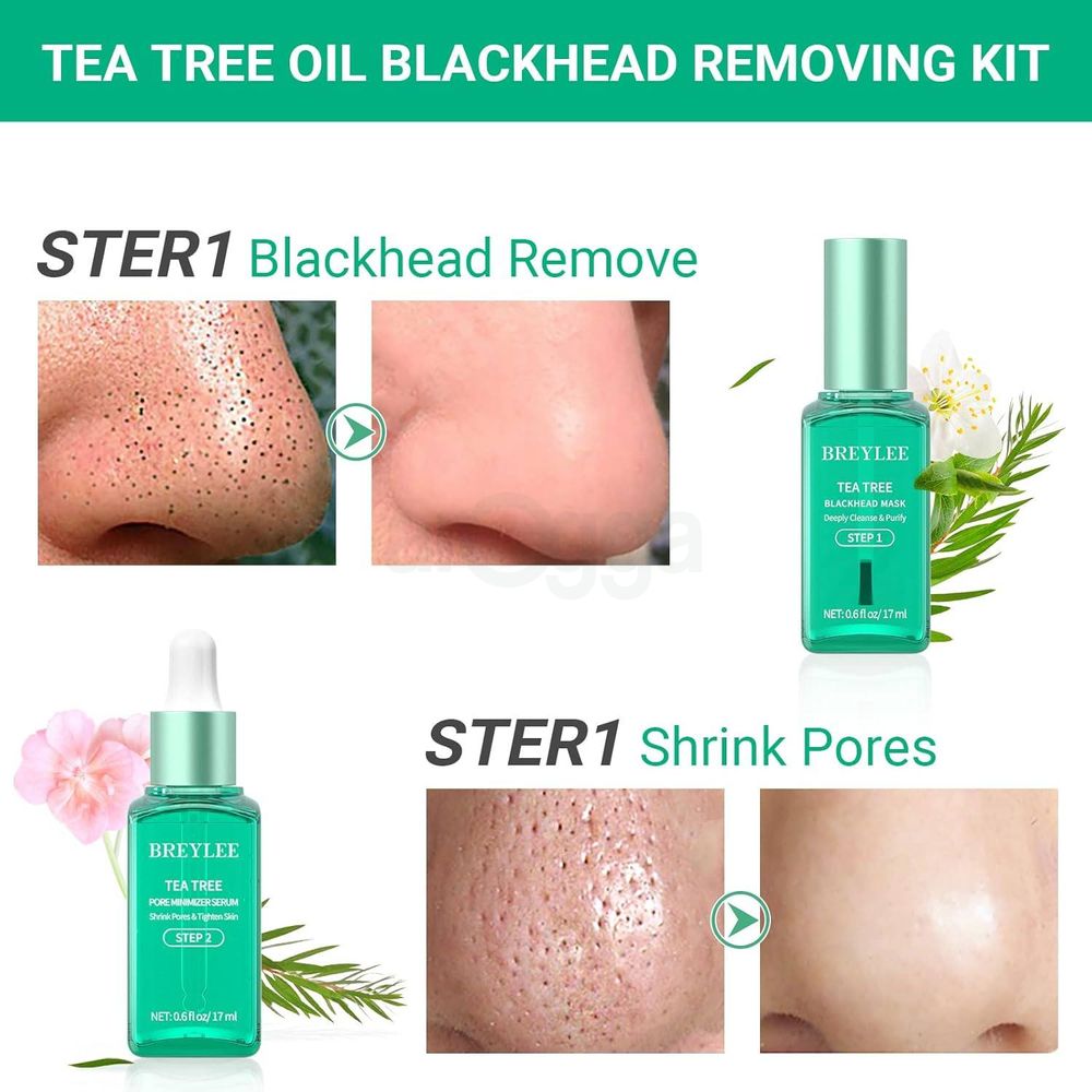 BREYLEE 3 in 1 Tea Tree Blackhead Removing Kit (Blackhead Remover Mask 17ml, Pore Minimizer Serum 17ml and Removal Strip Paper 100Pcs)  