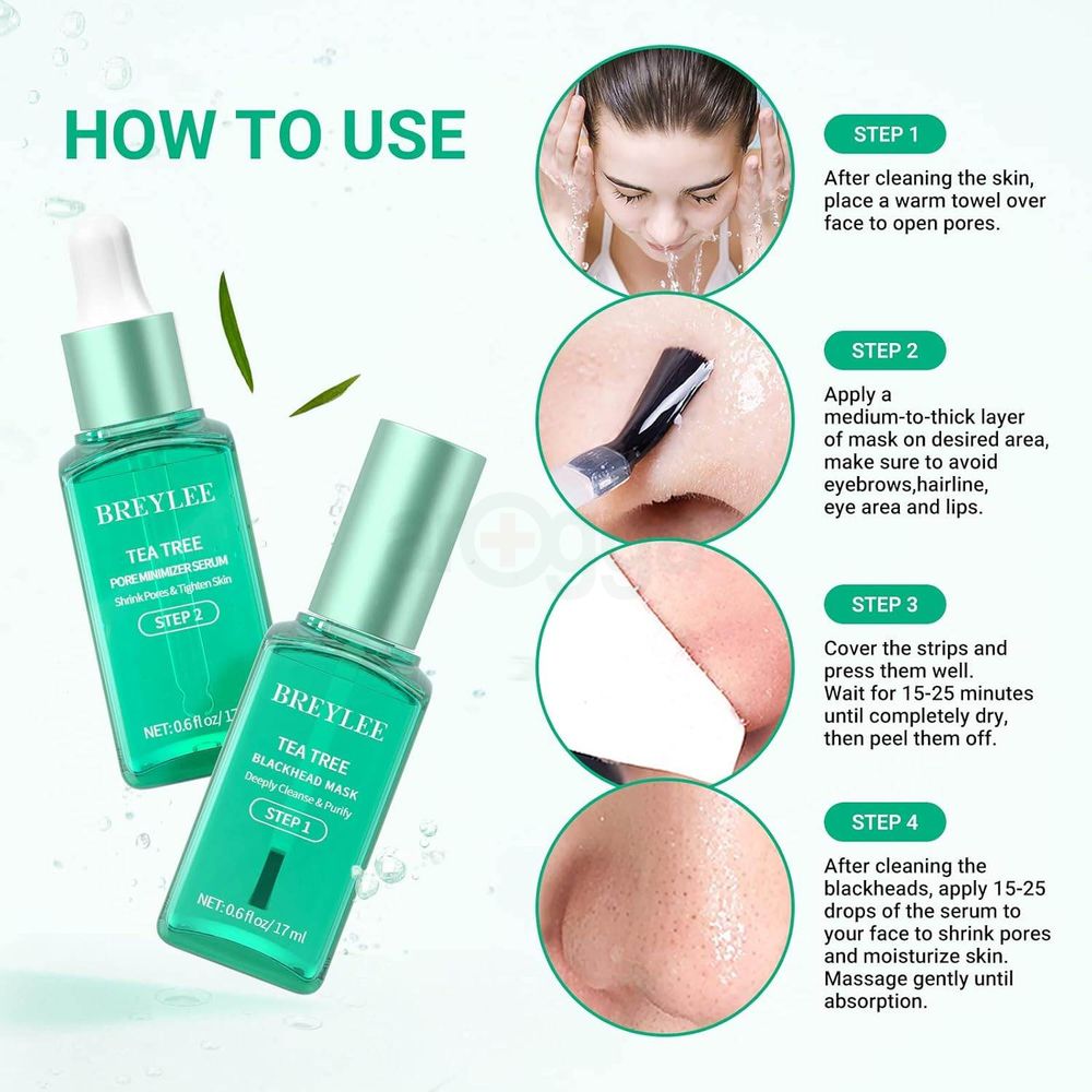 BREYLEE 3 in 1 Tea Tree Blackhead Removing Kit (Blackhead Remover Mask 17ml, Pore Minimizer Serum 17ml and Removal Strip Paper 100Pcs)  