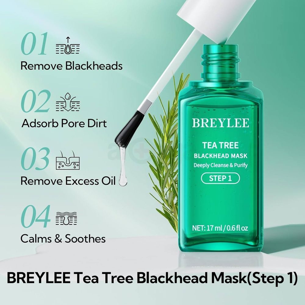 BREYLEE 3 in 1 Tea Tree Blackhead Removing Kit (Blackhead Remover Mask 17ml, Pore Minimizer Serum 17ml and Removal Strip Paper 100Pcs)  
