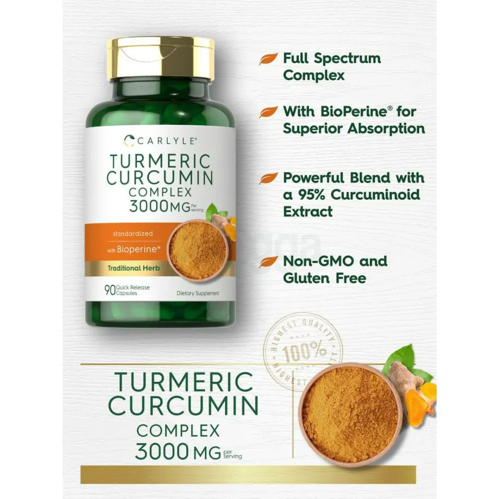 Carlyle Turmeric Curcumin with Black Pepper 3000mg | 90 Powder Capsules  
