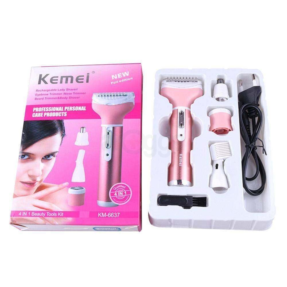 Kemei KM- 6637 4 in 1 Rechargeable Women Body, Eyebrow and Nose Hair Removal Trimmer  